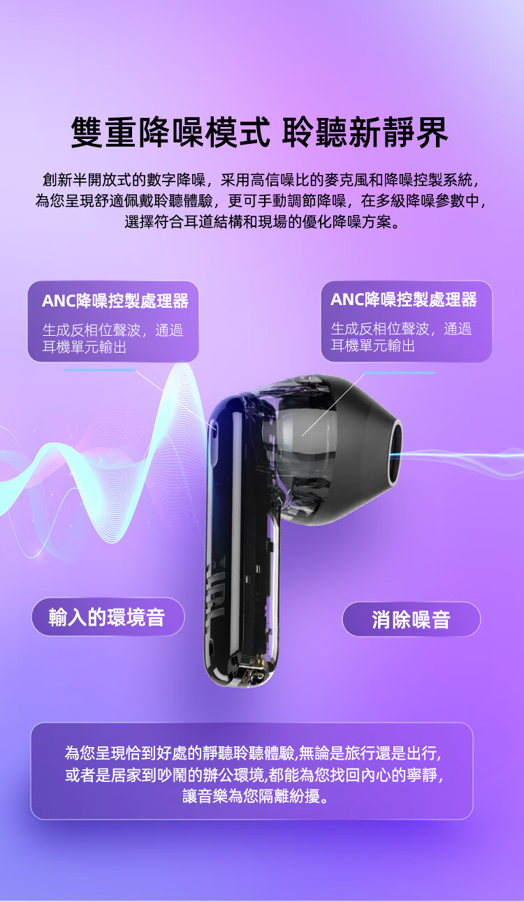JBL TUNE FLEX 小晶豆真無線藍芽耳機 半透明設計 主動降噪運動防汗