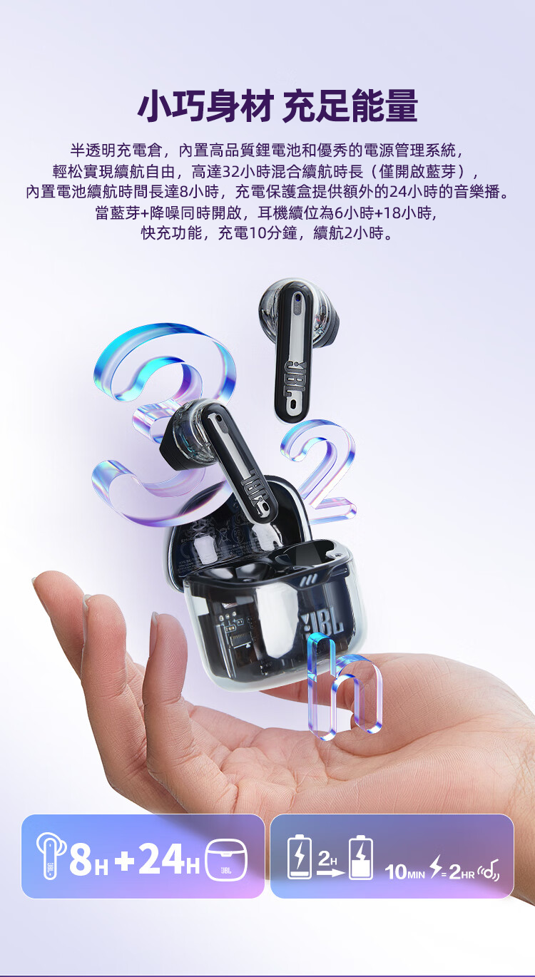 JBL TUNE FLEX 小晶豆真無線藍芽耳機 半透明設計 主動降噪運動防汗